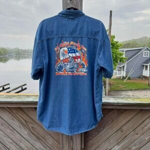 Y2K Denim Shirt Men's Size XL Cypress Denim Eagle Flag Flames 2006 Biker Punk